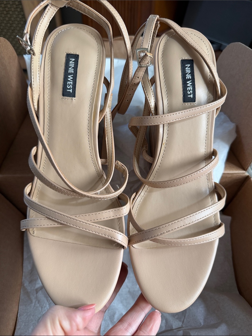 Nine West Beige Multi-Strap Open-Toe Cork Heels